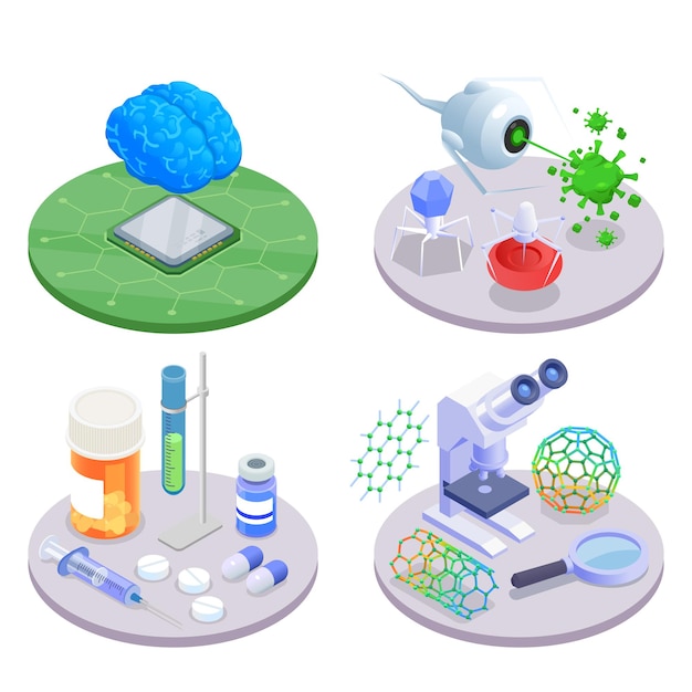 Free vector nanotechnology nanomedicine isometric design concept with microchip nanorobots medication and nanotubes isolated 3d vector illustration