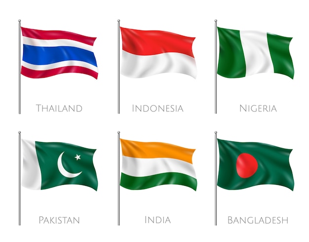 Free Vector national flags set with thailand and indonesia flags realistic isolated