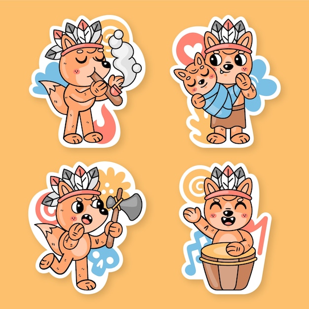 Free vector native indian stickers collection with fred the fox