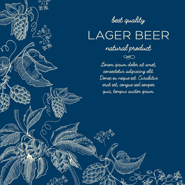 Natural abstract decorative sketch poster with text and beer herbal hop twigs on blue 