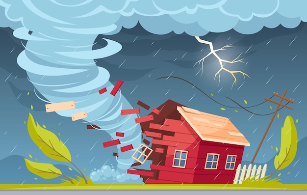 Free Vector natural disaster cartoon composition with outdoor suburban scenery rain clouds and tornado vortex destroying living house