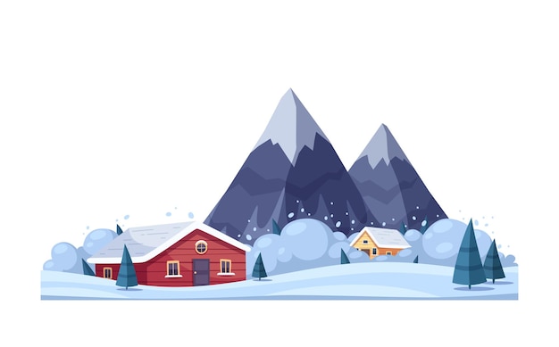 Natural disaster cartoon composition with snowy landscape houses and mountains with avalanche vector illustration