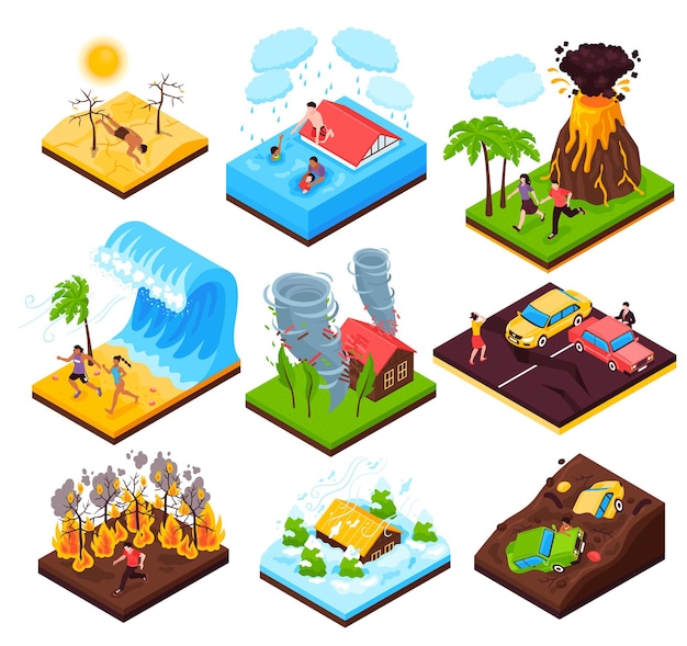 Free Vector natural disaster  set of eruption wildfire flood tornado drought tsunami isometric compositions isolated