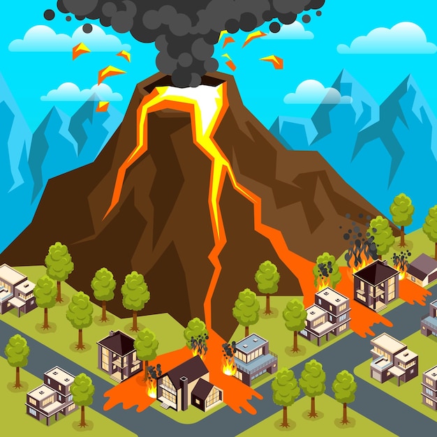 Free Vector natural disaster volcanic eruption landscape with flows of lava and burning houses 3d isometric vector illustration