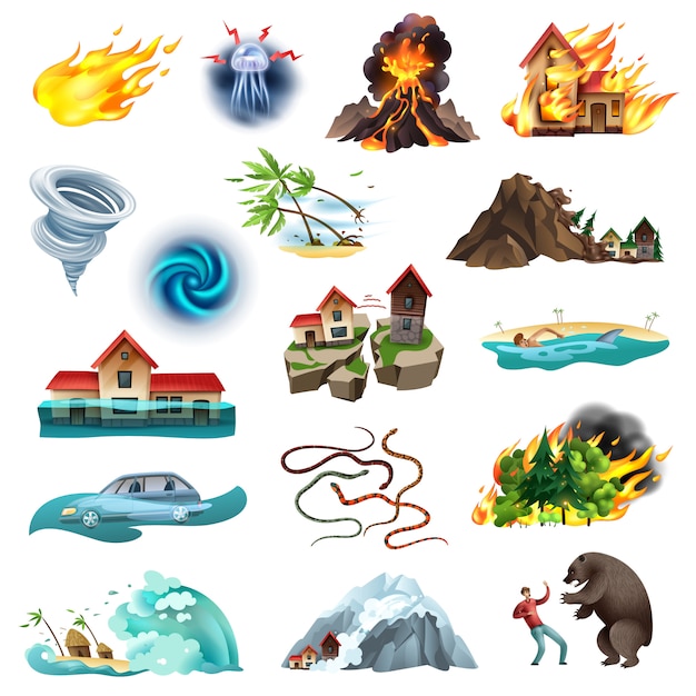 Free Vector natural disasters life threatening situation colorful icons collection with tornado forest fire flooding poisonous snakes 