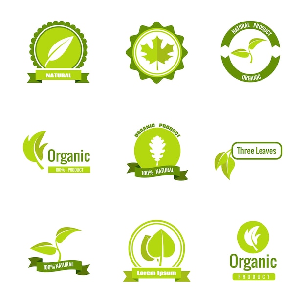 Natural, eco and organic products logos with leaves.