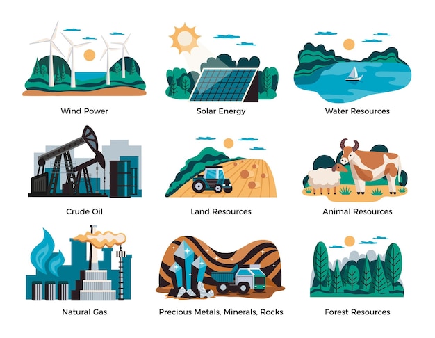 Free Vector natural environmental resources set with wind power and solar energy symbols flat isolated vector illustration