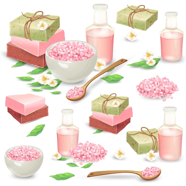 Natural handmade cosmetics for spa vector set