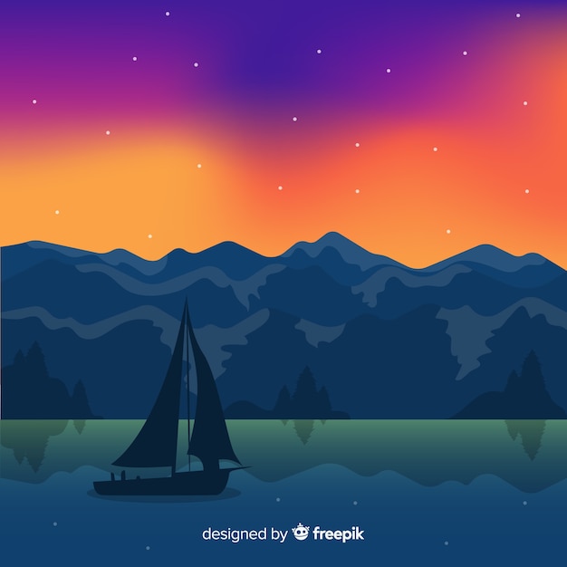 Free vector natural landscape with sailing boat in flat style