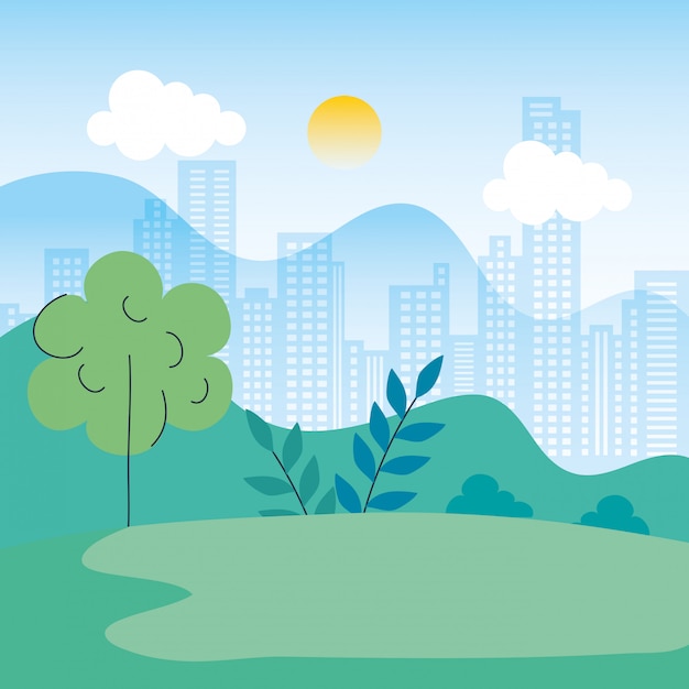 Free Vector natural landscape with urban scene illustration design