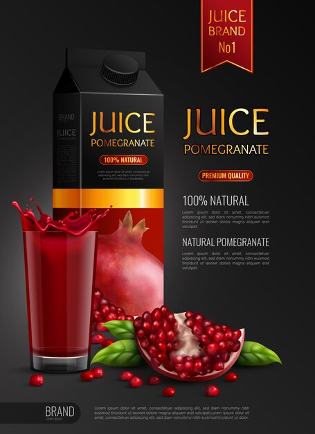 Natural pomegranate juice advertising realistic composition black   with package seeds and full glass