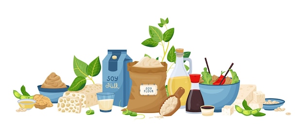 Free vector natural soy products flat composition with bottles of sauce and oil sprouts bowl of miso paste carton of milk tempeh tofu vector illustration