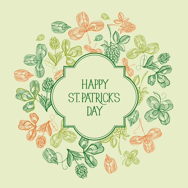 Natural St Patricks Day template with inscription in frame and sketch shamrock and four leaf clover