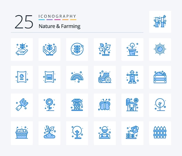 Free vector nature and farming 25 blue color icon pack including apple farming plant sun landscape