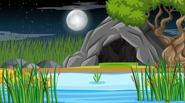 Nature forest landscape at night scene with stone cave