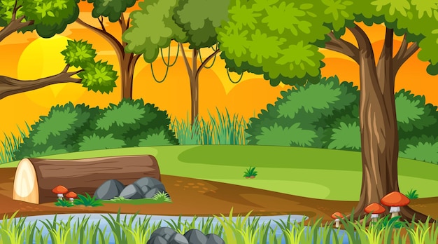 Free Vector nature forest at sunset time scene