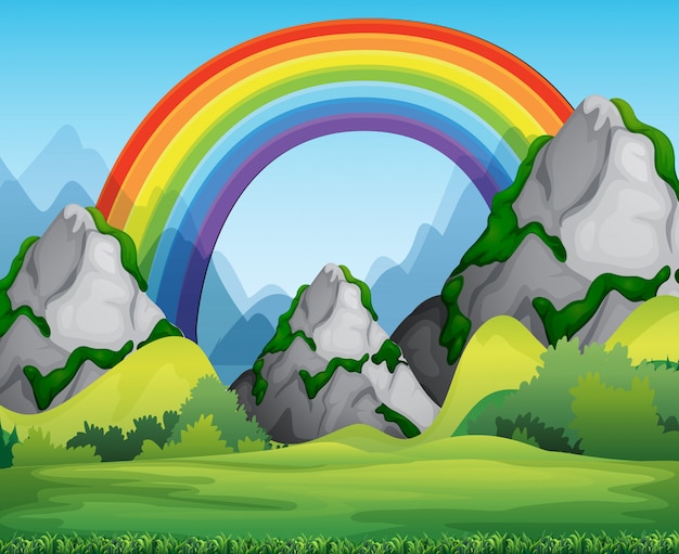 Free Vector nature forest view with rainbow in the sky scene