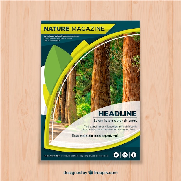 Free Vector nature magazine cover template with photo