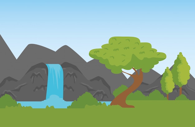 Free Vector nature mountains with waterfall to wildlife reserve