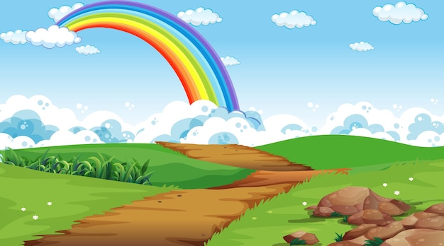 Nature park scene background with rainbow in the sky