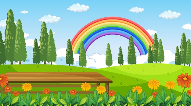 Nature park scene background with rainbow in the sky