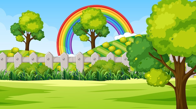 Nature park scene background with rainbow in the sky