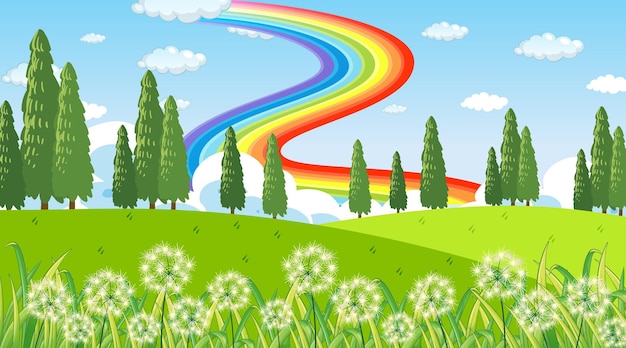 Free vector nature park scene background with rainbow in the sky