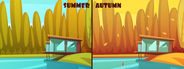 Free Vector nature parks outdoor seasons retro cartoon style pictures for summer and autumn