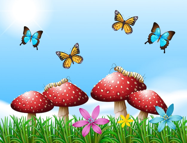 Free Vector nature scene with butterflies in garden