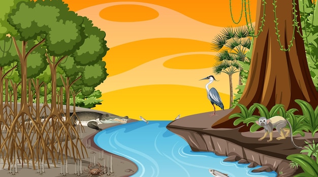 Nature scene with Mangrove forest at sunset time in cartoon style