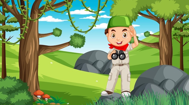 Nature scene with a muslim boy cartoon character exploring in the forest