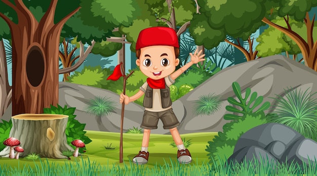 Nature scene with a muslim boy cartoon character exploring in the forest