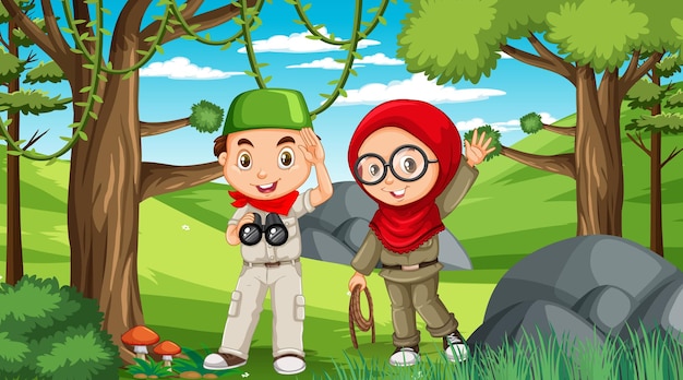 Nature scene with muslim kids exploring in the forest