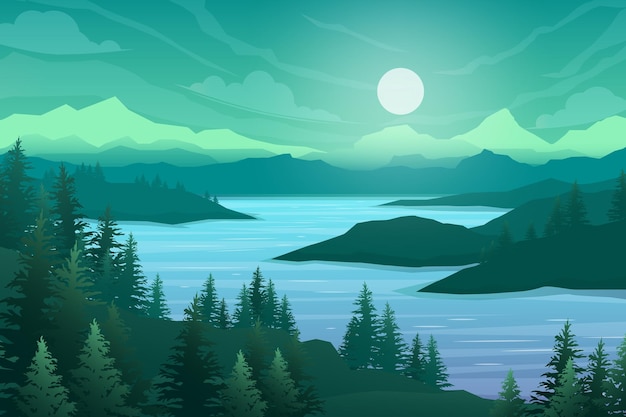 Free Vector nature scene with river and hills, forest and mountain, landscape flat cartoon style illustration