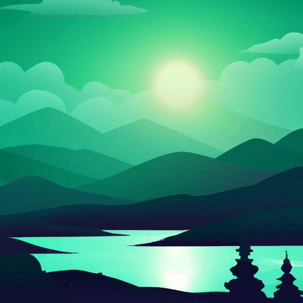 Nature scene with river and hills, forest and mountain, landscape flat cartoon style illustration