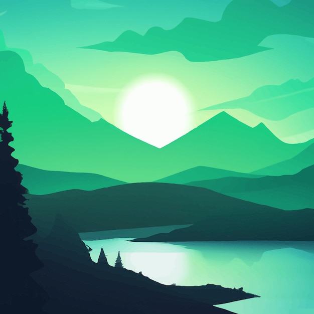 Free Vector nature scene with river and hills, forest and mountain, landscape flat cartoon style illustration