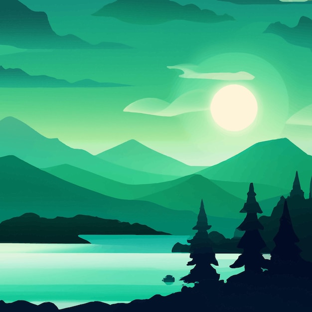 Nature scene with river and hills, forest and mountain, landscape flat cartoon style illustration