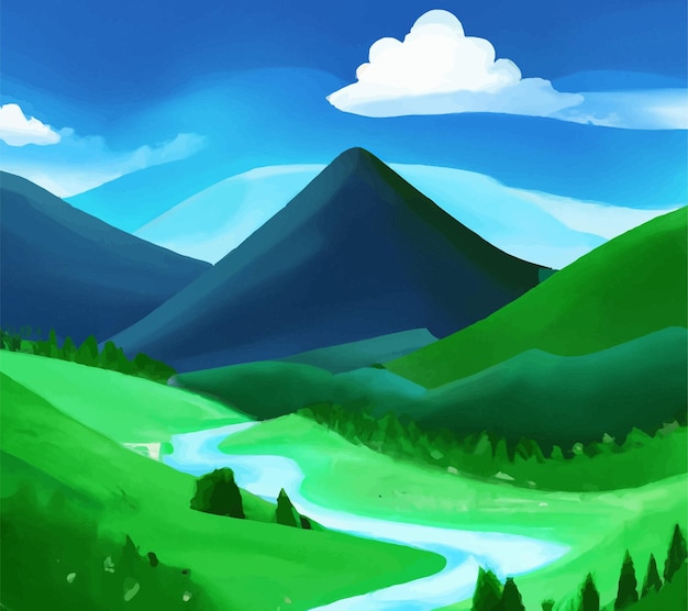 Nature scene with river and hills, forest and mountain, landscape flat cartoon style illustration