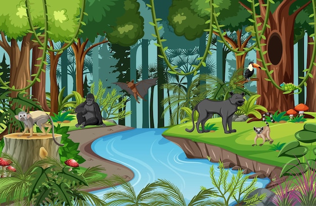 Nature scene with stream flowing through the forest with wild animals