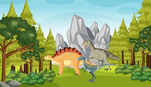 Nature scene with trees on mountains with dinosaur