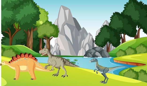 Nature scene with trees on mountains with dinosaur