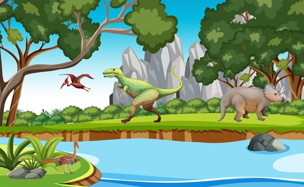 Nature scene with trees on mountains with dinosaur