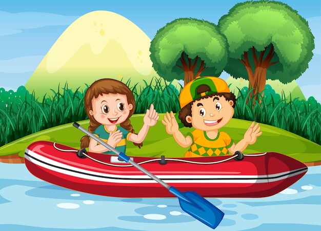 Free Vector nature scenery with children in inflatable boat