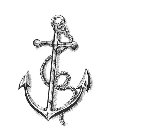 Nautical Anchor with rope Hand Drawn Sketch Vector illustration