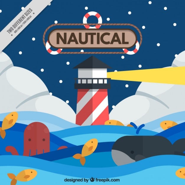 Free Vector nautical background with a lighthouse and an octopus