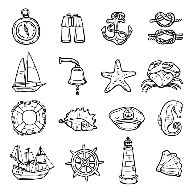 Nautical Black White Icons Set 