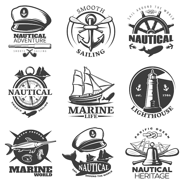 Nautical emblem set with sail around the world marine life lighthouse marine world descriptions