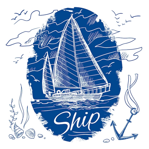 Free Vector nautical emblem with blue colored sketch sailing schooner ship and sea background vector illustration