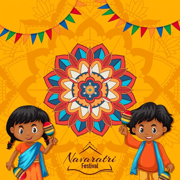 Navaratri poster with mandala pattern and happy children