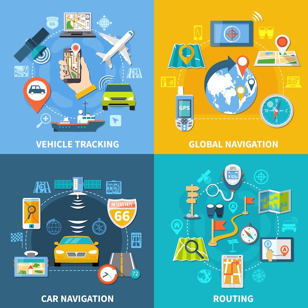 Navigation design concept with four compositions flat pictograms and icons with signboards gps satellites and gadgets 